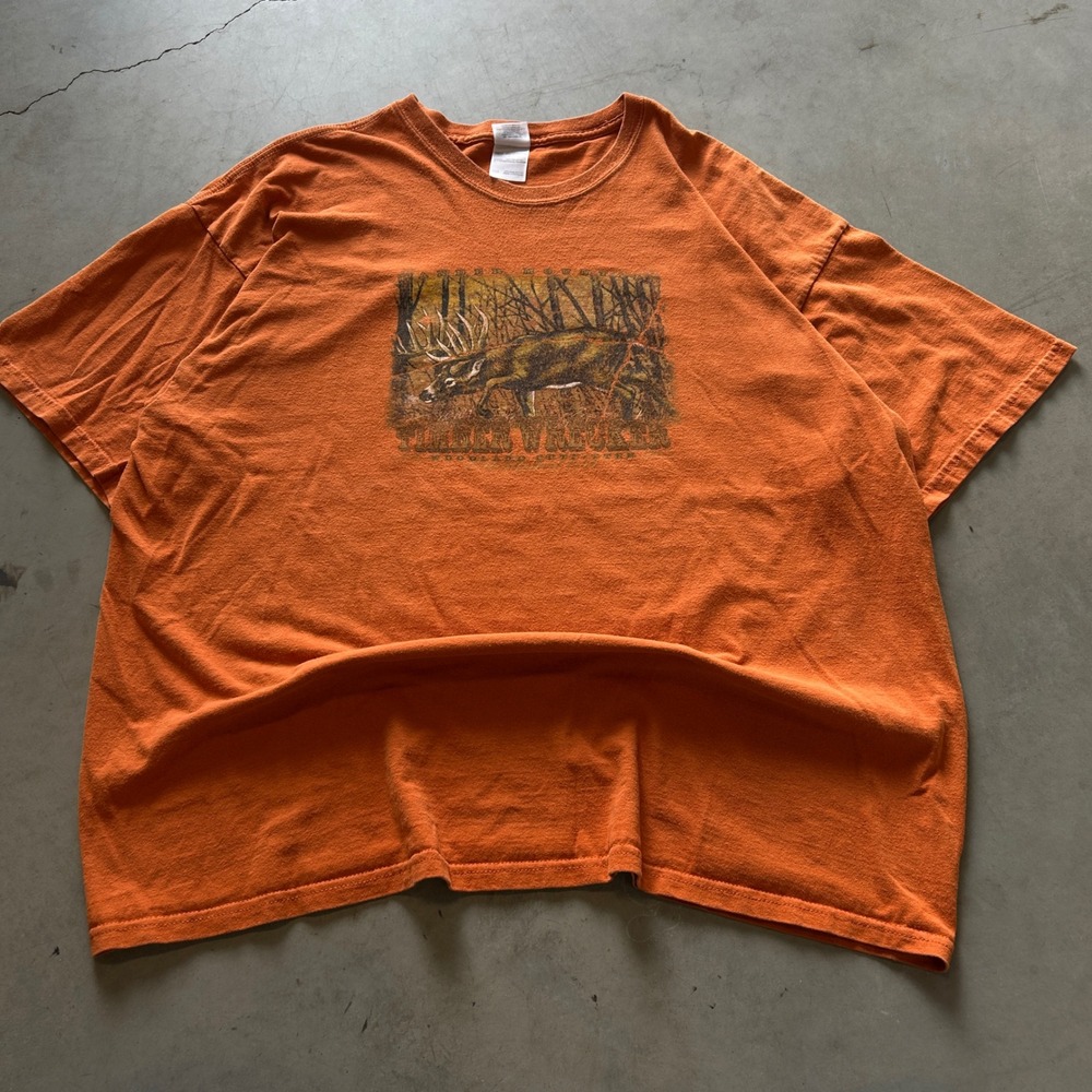 Gildan Timber Wacker Hunting Deer Graphic T-Shirt Orange Mens 2XL Ultra Cotton